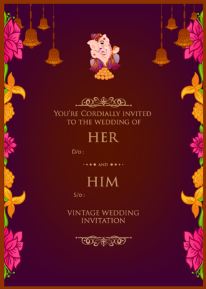 Ganesha Wedding Card, Vibrant color with auspicious indian bells, maroon color and flower garden