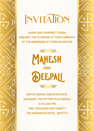Golden Marriage Invitation Card, Beautiful motif decoration on cream background