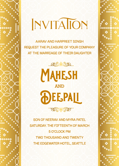 Golden Marriage Invitation Card, Beautiful motif decoration on cream background