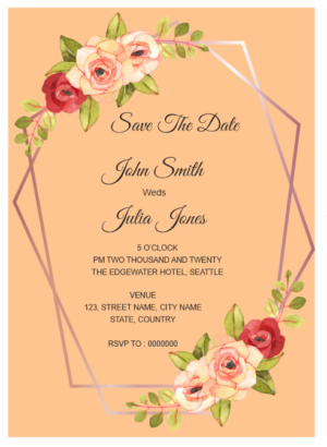 Golden Wreath Save the date invitation card design, long floral wreath