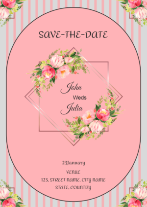 Line save the date card design, pink background over line design