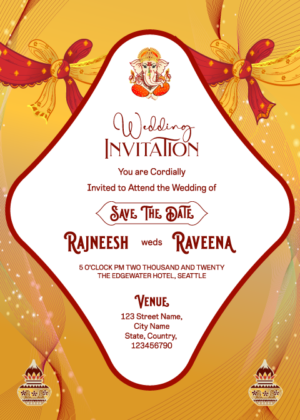 Online shadi card design, indian save the date card, wedding knot, ganesha and kalash clipart with abstract background
