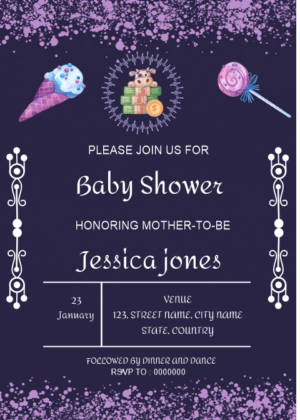 Baby sparkle baby shower invitation card, dark purple background with icecream and sweets cliparg