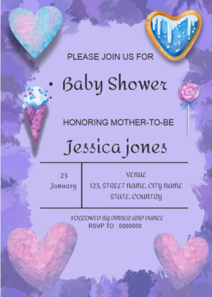 Purple Baby Shower Invitation Card, purple background with sweet and heart shape clip arts