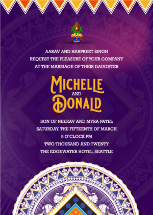 Traditional Wedding Invitation Card, Mandala and purple hue gradient background
