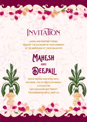 Unique Wedding Card Design editable online, kalash and floral background
