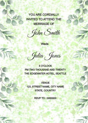 Watercolor leaves wedding invitation card design, leaves border on both side with watercolor brush effect