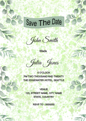 Watercolor save the date card design, Eucalyptus leaves border with green brush effect