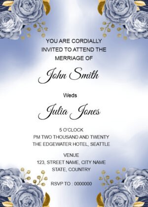 Blue gold online wedding invitation card, golden floral decoration with cloud brush effect