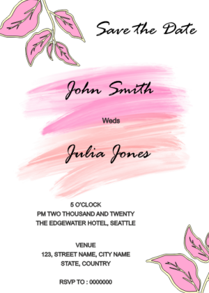 brush stroke artistic save the date card design, hanging pink flowers with artistic leaves