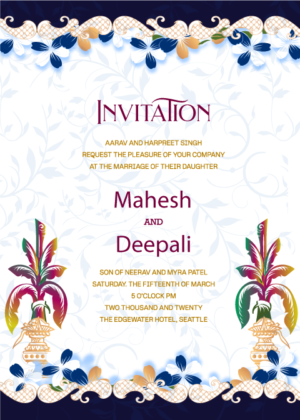 E wedding Invitation, blue hanging flower with kalash and floral background