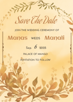 Wedding Save the date card design, yellow watercolor background with leaves design