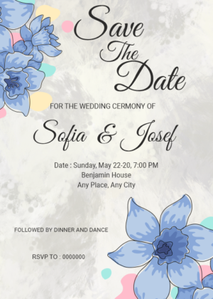 Beautiful wedding save the date card, blossomed blue flower over silver cloudy brush background wedding e invite