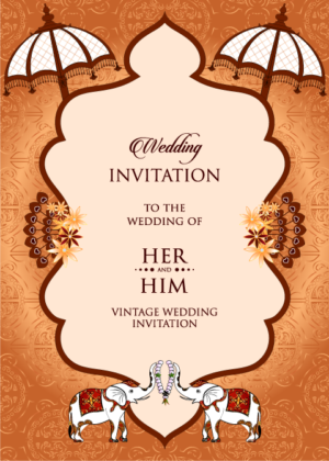 Best Indian Wedding Invitation card design, Auspicious Hindu symbols decoration over beautiful background.