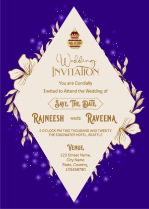 Purple Mania Wedding Invitation, Floral Frame decoration over purple background, beautiful Indian Hindu Wedding Invitation Card