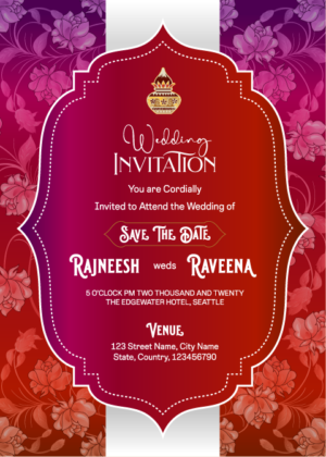 Rose Romance Latest wedding invitation card, beautiful creation, auspicious kalash and red pink floral background design.