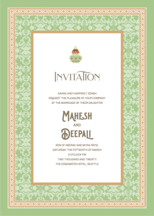 Vintage Green Wedding Invitation Card, Beautiful parrot color background and vintage border decoration e invite