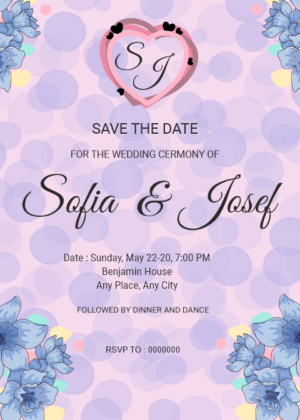 Wedding Save The Date Invitation card, circle and pink background with floral and heart shape decoration.