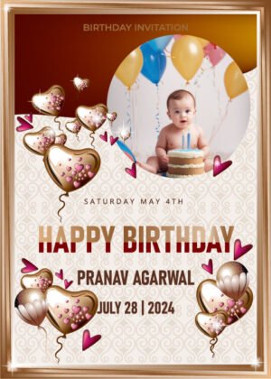 birthday invitation card with photo, baby image on balloon and heart decorated vibrant background