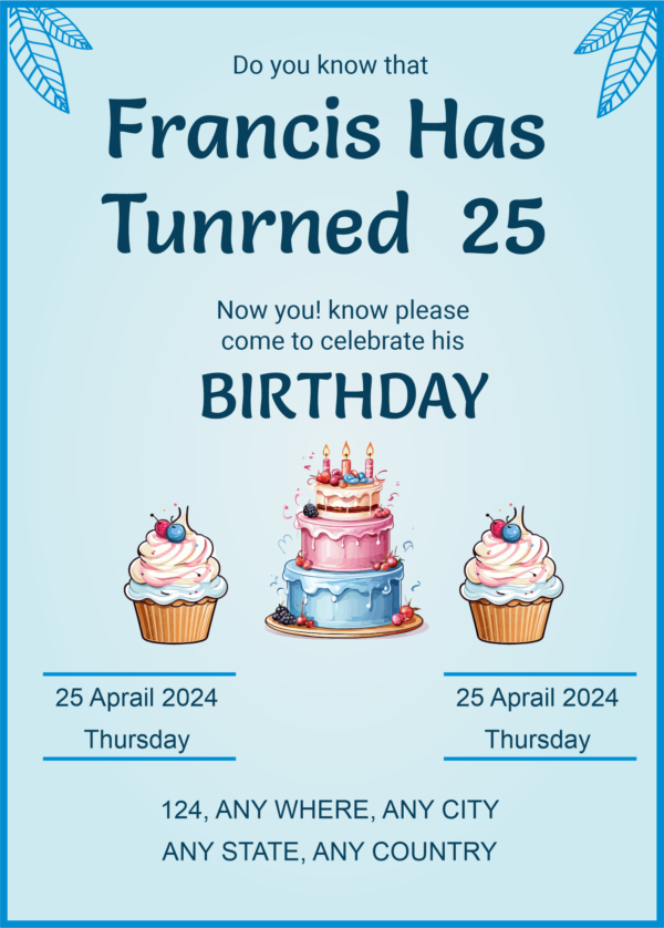 25th birthday invitation card design. cake and ice cream decoration over blue bliss background.