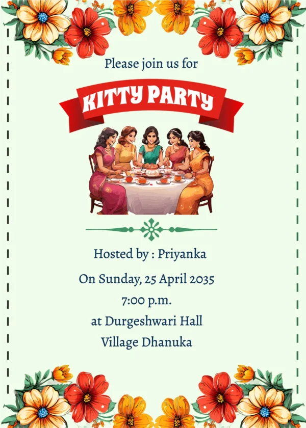 Green Kitty Party Invitation, ladies cartoon and kitty party ribbon