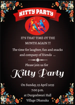 Free Kitty Party Invitation Card, black gradient and birds decoration.