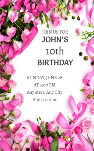 Birthday Party Invitation, Pink Roses and Ribbon decoration on edges.