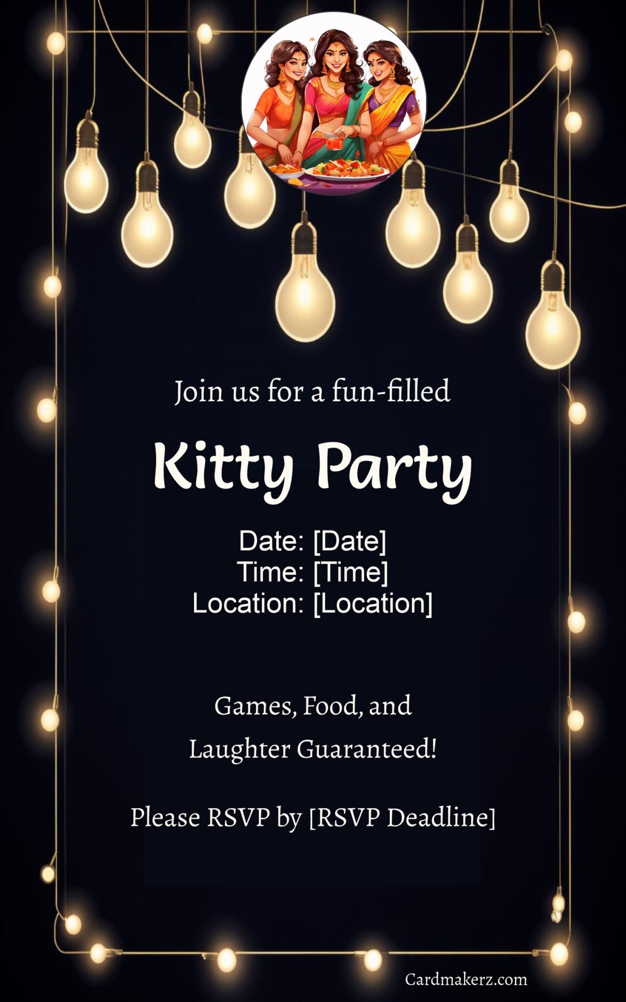 Black Themed Kitty Party Invitation, Create Online