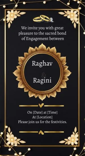 Black and golden background and engagement ring decorated invitation template.